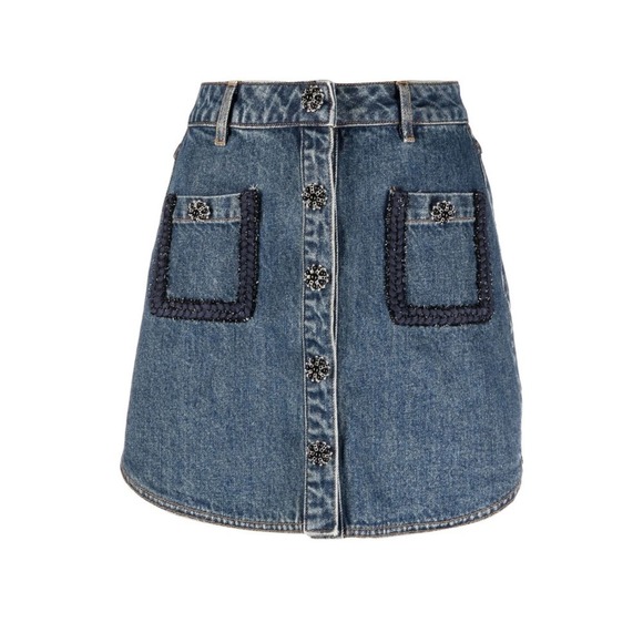 Self Portrait Skirt Button Front Pockets Embellished Blue Jean Skirt - Picture 1 of 16